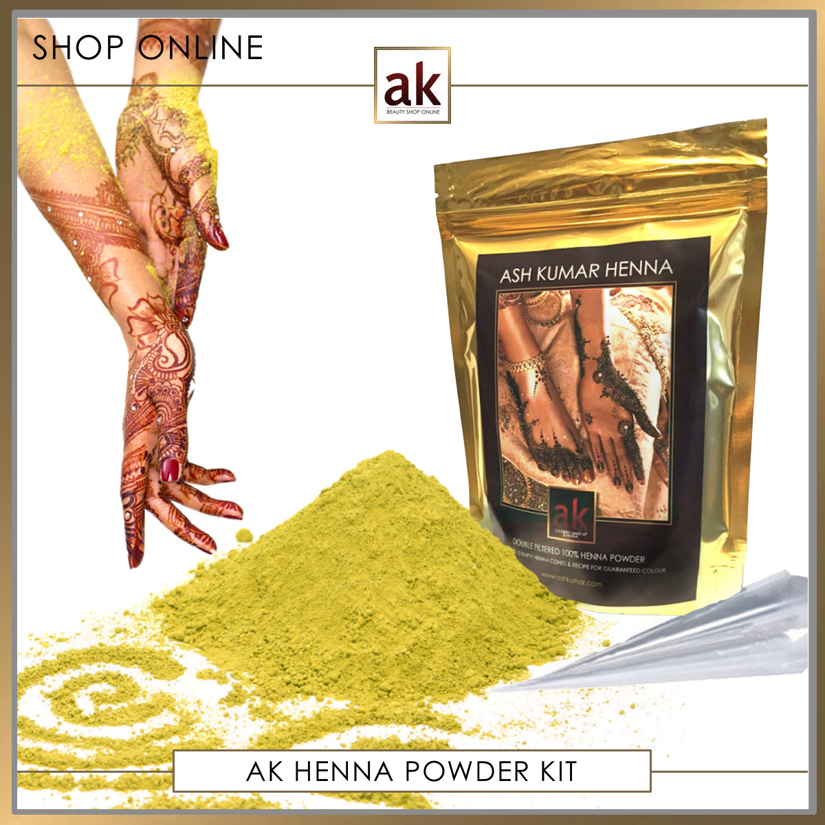 AK HENNA KIT: HENNA POWDER, OIL & 10 EMPTY CONES